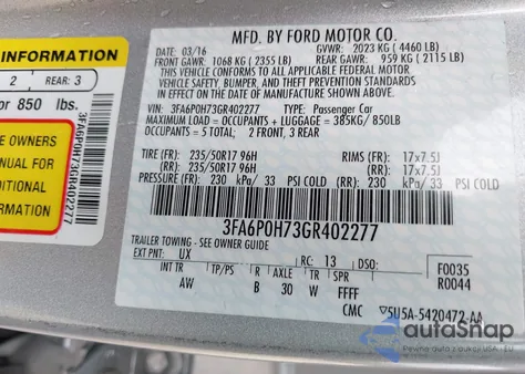 2016 Ford Fusion Se from USA, damaged, VIN 3FA6P0H73GR402277